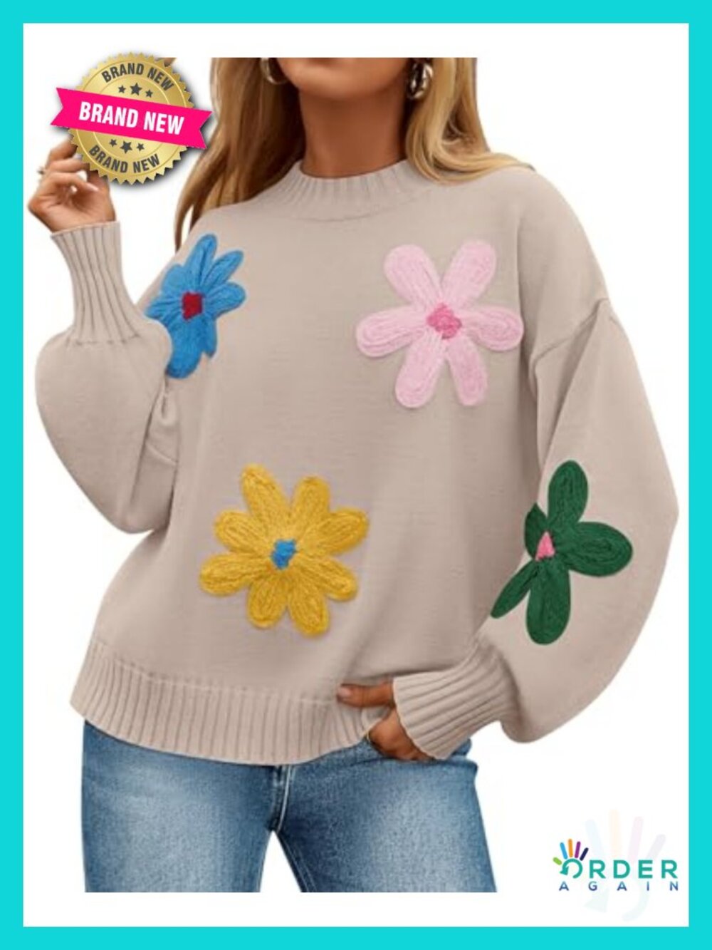 Floral Pullover Sweater Long Sleeve Crew Neck Knit